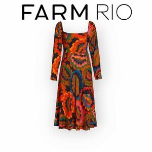 FARM Rio Floral Midi Dress Square Neck Smocked Back Viscose Long Sleeve Size S